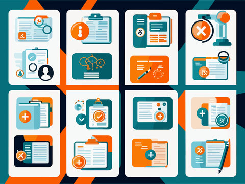 Clinical study icon collection set. Containing adverse event, baseline, double blind, blinding, case report form, endpoint, clinical trial icon. Simple flat vector illustration.