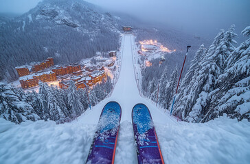 A skier standing at the edge of a snowy ski jump
