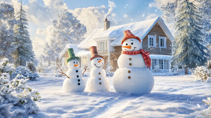 Obraz premium Friends building a snowman in front of a house smiling 