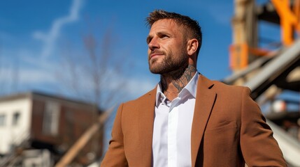 Naklejka premium A tattooed man in a brown jacket looks thoughtfully at the surrounding skyline, conveying a sense of introspection, thoughtfulness, and urban exploration.