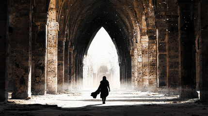 a shadowy figure stepping cautiously through a foggy forest