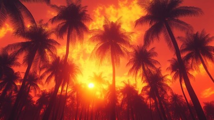 Obraz premium Silhouette of palm trees against a fiery sunset sky.