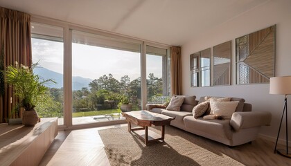 Home living room interior with couch and decoration, panoramic window
