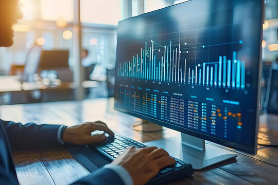 Businessman scrutinizing business graph on computer screen in office