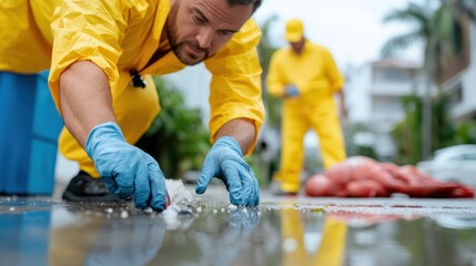 A cleanup crew meticulously picks up debris from a wet city street, dressed in bright yellow protective suits with precision, ensuring city cleanliness and safety.