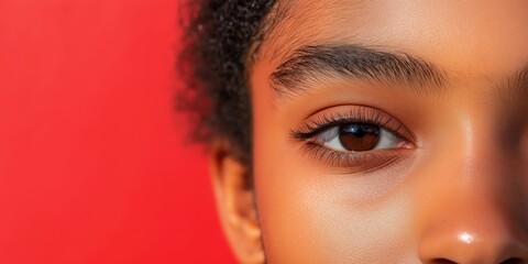 Close-up of a young American woman's eye with a vibrant red background