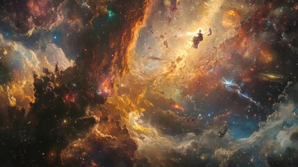 Fototapeta premium A vibrant nebula with swirling clouds of gas and dust, stars, and a faint figure sitting in the center, a surreal and awe-inspiring image that evokes feelings of wonder and cosmic mystery.