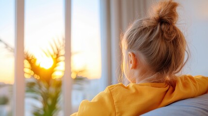 A young girl in a bright yellow sweater gazes out a window at a stunning sunrise, capturing a moment of childhood wonder and hopefulness with vibrant hues.