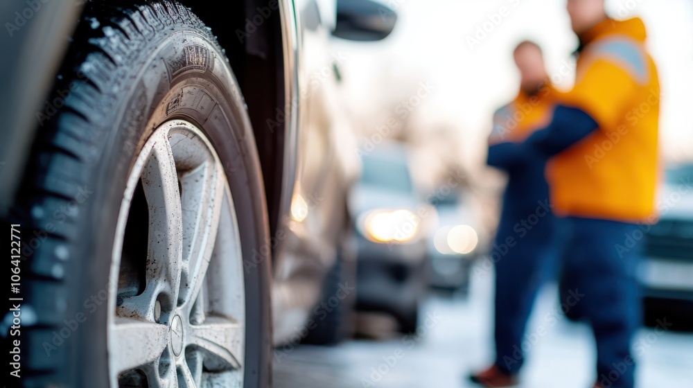 Wall mural a black car tire, partially treaded, receives attention with two workers in colorful attire in the b