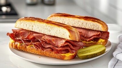 hot pastrami sandwich on a white plate, pickle and mustard, kitchen in background  