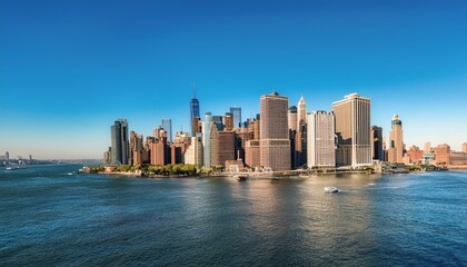 Naklejka premium Manhattan skyline featuring iconic skyscrapers and waterfront on a clear day.
