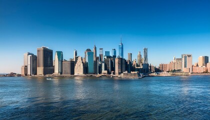 Manhattan skyline featuring iconic skyscrapers and waterfront on a clear day.