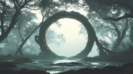 Fototapeta premium An ethereal circular gateway framed by twisted, ancient trees emerges from the misty twilight of a mystical forest realm. Mystical. Illustration