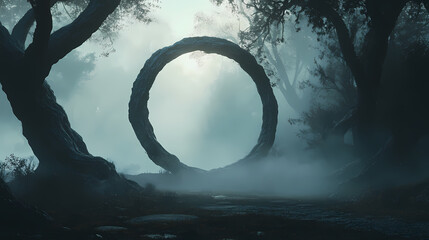 An ethereal circular gateway framed by twisted, ancient trees emerges from the misty twilight of a mystical forest realm. Mystical. Illustration