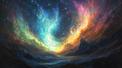 A vibrant, celestial landscape with swirling clouds of color and a star-filled sky.