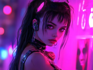 Naklejka premium Sensual Cyber ​​Girl with lingerie. Cyberpunk Femme Fatale
