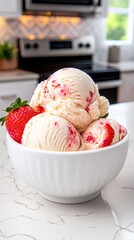 strawberry ice cream in a white bowl, kitchen counter,  