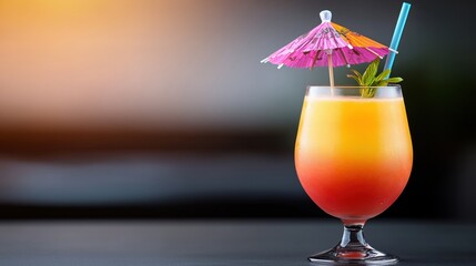Tropical cocktail with a colorful umbrella and straw on a blurred background, AI