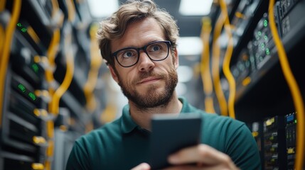 A thoughtful IT specialist with glasses and a polo shirt examines his phone amidst a plethora of data cables, showcasing technical proficiency and modern connectivity.