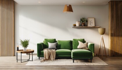 Modern living room with green sofa and wooden accents. 3D Rendering