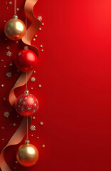 Gold and Red Christmas Ornaments with Ribbon on Red Background