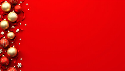 Red and Gold Christmas Ornaments with Ribbon on Red Background