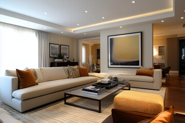 Fototapeta premium Elegant and Natural Modern Living Room: Luxurious Interior Photography Showcasing Contemporary Design with Organic Accents