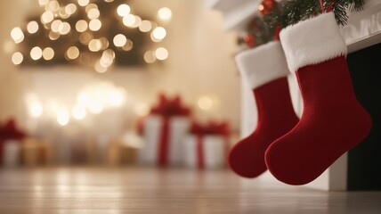 A cozy holiday scene featuring red stockings hung by the fireplace, with a softly lit Christmas tree and wrapped gifts in the background.