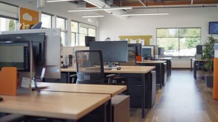 Modern open office workspace with desks and computers in natural light