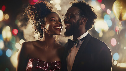 Couple dressed up for a celebration at an event laughing during countdown new year 