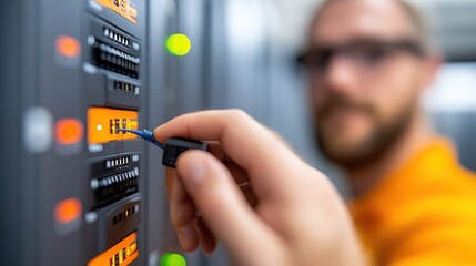 A technician wearing an orange shirt adjusts a network cable in a server rack, showcasing technical expertise and the essential role of IT professionals in modern infrastructure.