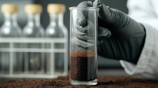 A scientist in gloves is measuring coffee grounds in a lab glass, surrounded by several empty glass containers.