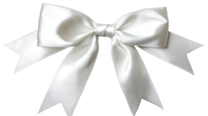 White satin bow with elegant curved shape. Single white ribbon adds simplicity to design. Bow and ribbon stand out against transparent background. Christmas decoration element for festive occasions.