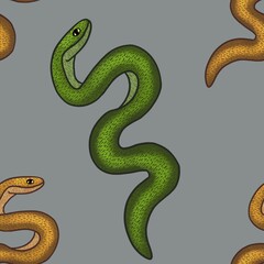 Small Green and Orange Snakes with Gray Background Seamless Pattern Design