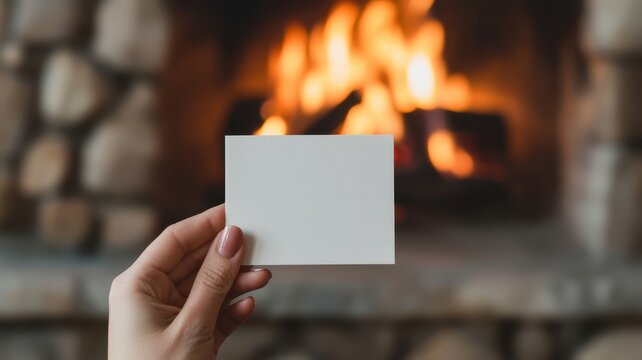 A hand holds a blank card in front of a warm, glowing fireplace, creating a cozy and inviting atmosphere.