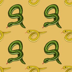 Yellow and Green Snakes with Yellow Background Seamless Pattern Design