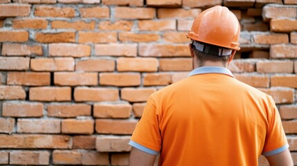 A construction worker in an orange polo and helmet faces an incomplete brick wall, symbolizing the beginnings of a building project and the work yet to be done.