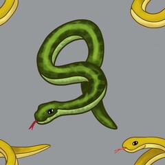 Naklejka premium Big Yellow and Green Snake with Gray Background Seamless Pattern Design
