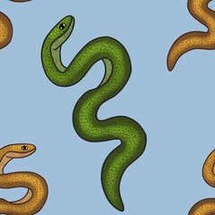 Small Green and Orange Snakes with Blue Background Seamless Pattern Design