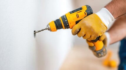 A worker uses a yellow drill to create a hole in a white wall, wearing gloves for safety. The scene captures a moment of precision and hands-on action.