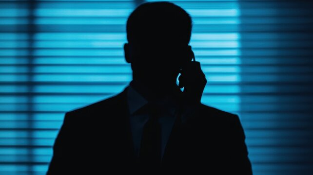 A shadowy figure in a suit is seen talking on the phone, set against a backdrop of blue light and blinds.