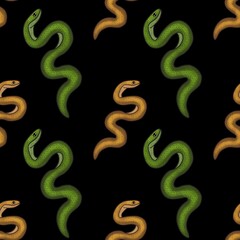Green and Orange Snakes with Black Background Seamless Pattern Design