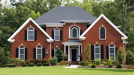 red brick suburban home with green grass lawn and trees