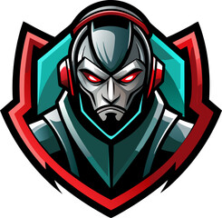 A dynamic gaming team logo featuring a fierce, armored character with glowing eyes and headphones, showcasing a modern design