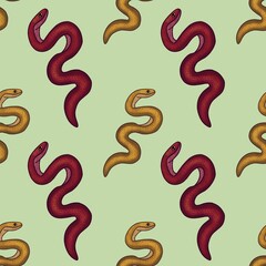 Red and Yellow Snake with Green Background Seamless Pattern Design