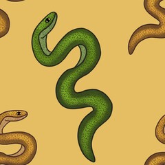 Small Green and Orange Snakes with Yellow Background Seamless Pattern Design