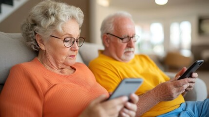 A mature couple in bright orange and yellow attire, seated closely and immersed in their smartphone use. Their relaxed posture illustrates comfort and ease.