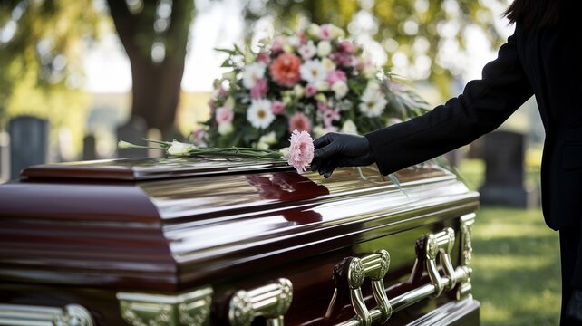 Woman says goodbye at outdoor funeral