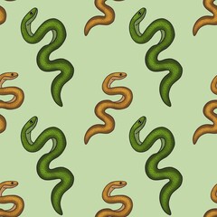 Green and Orange Snakes with Green Background Seamless Pattern Design