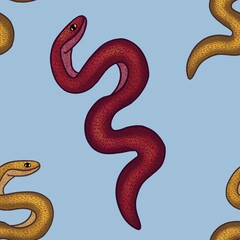 Big Red and Yellow Snake with Blue Background Seamless Pattern Design